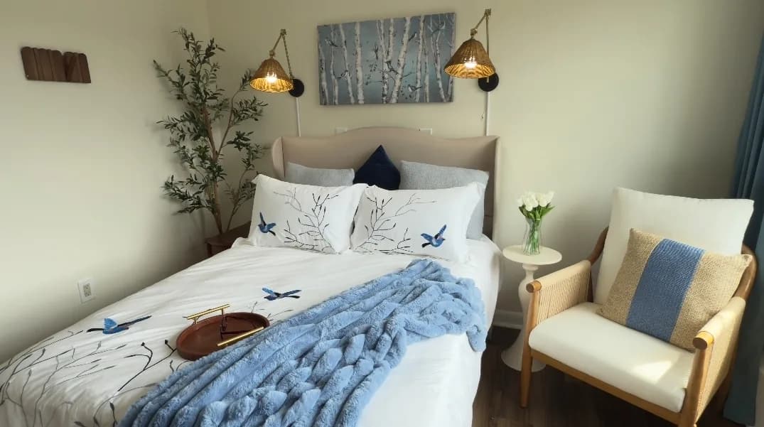 Serene bedroom with blue accents, woven lighting, layered bedding, and soft natural light — designed by Renata Glaz