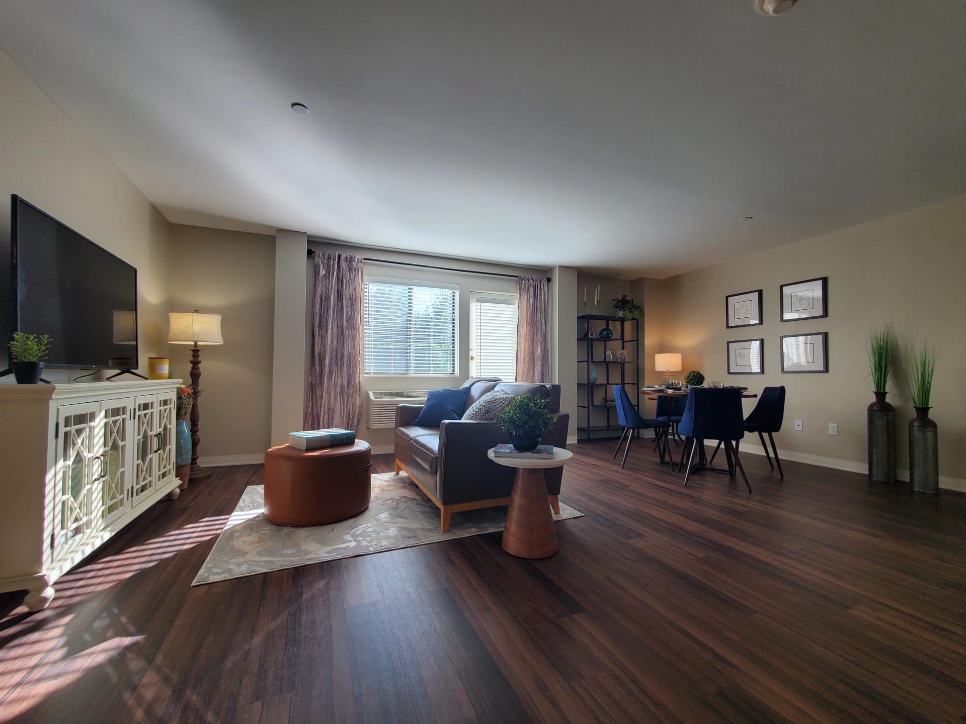 Move-in ready open-plan suite with dark floors and thoughtfully staged furnishings