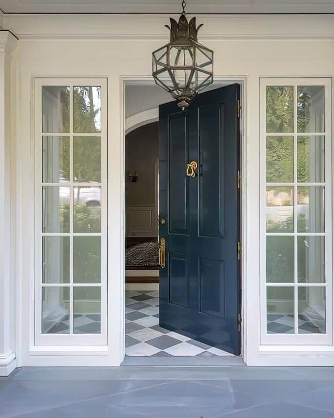 Navy blue door with windows and white support